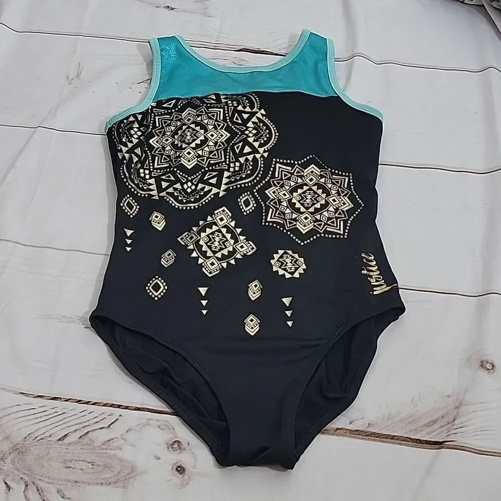𝅺justice Active Girls size 14 Leotard Cute Criss Cross Back and Beautiful Gold